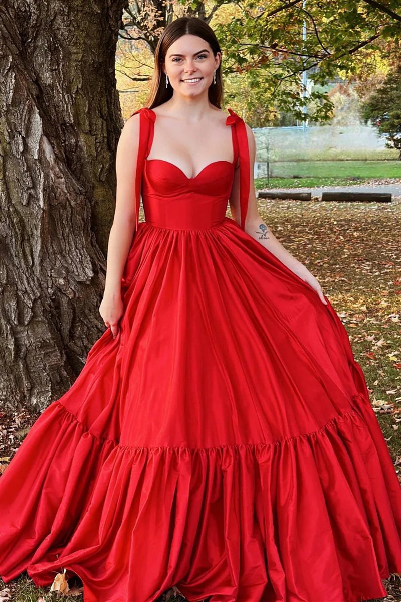 Queendancer Women Simple Red A-line Long Prom Dress Bow Tie Straps Ruffled Evening Dress queendanceruk Queendancer Women Simple Red A-line Long Prom Dress Bow Tie Straps Ruffled Evening Dress queendanceruk