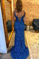 Load image into Gallery viewer, Royal Blue Sequins Mermaid Spaghetti Straps Long Prom Dress with Slit