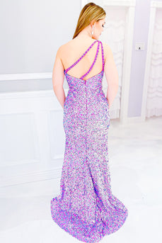 Purple One Shoulder Mermaid Long Prom Dress with Slit