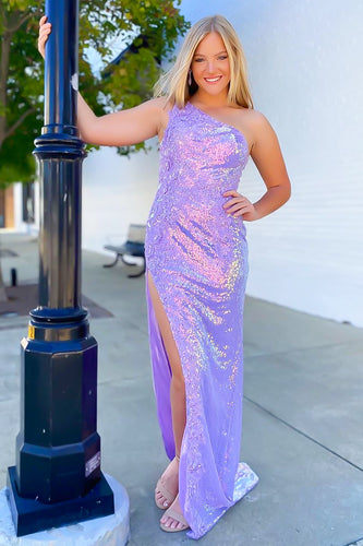 Sparkly Purple One Shoulder Floral Mermaid Long Prom Dress with Slit