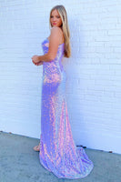 Load image into Gallery viewer, Sparkly Purple One Shoulder Floral Mermaid Long Prom Dress with Slit