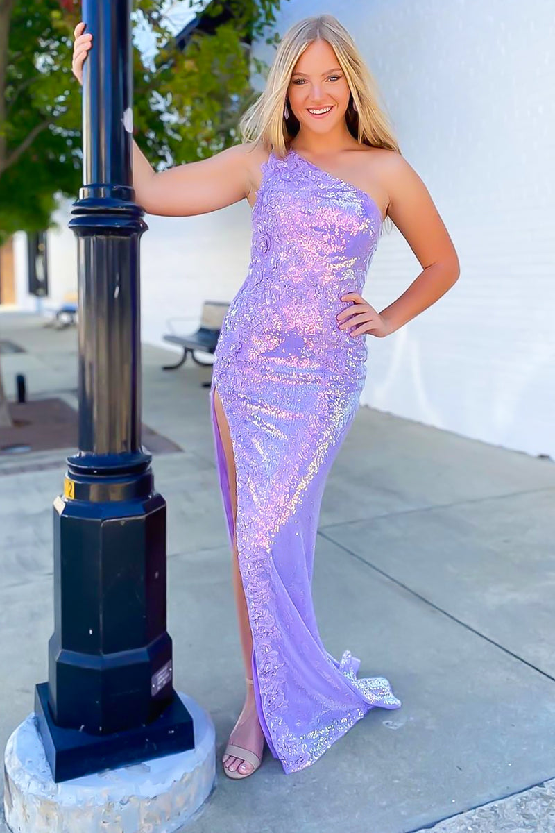 Load image into Gallery viewer, Sparkly Purple One Shoulder Floral Mermaid Long Prom Dress with Slit