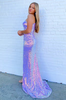 Load image into Gallery viewer, Sparkly Purple One Shoulder Floral Mermaid Long Prom Dress with Slit