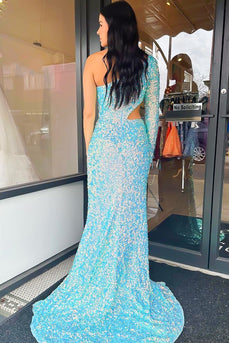 Sparkly Blue One Shoulder Cut-Out Mermaid Long Prom Dress with Slit