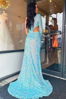 Load image into Gallery viewer, Sparkly Blue One Shoulder Cut-Out Mermaid Long Prom Dress with Slit