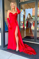 Load image into Gallery viewer, Red Sweetheart Mermaid Satin Long Prom Dress with Slit