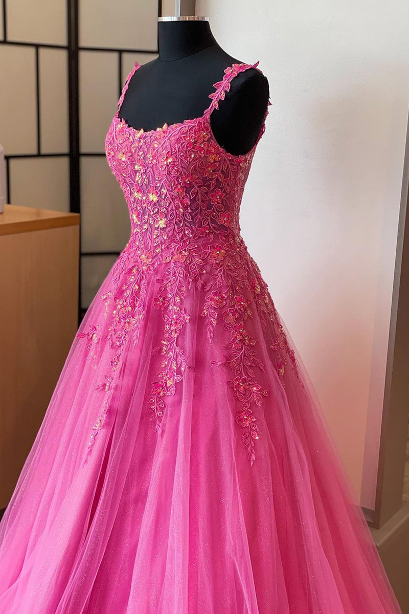 Queendancer Women Sparkly Hot Pink A-line Long Prom Dress Sequined