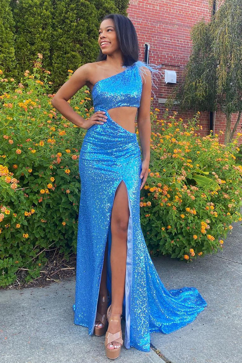 Load image into Gallery viewer, Sparkly Blue Feathered One Shoulder Cut-Out Mermaid Long Prom Dress with Slit