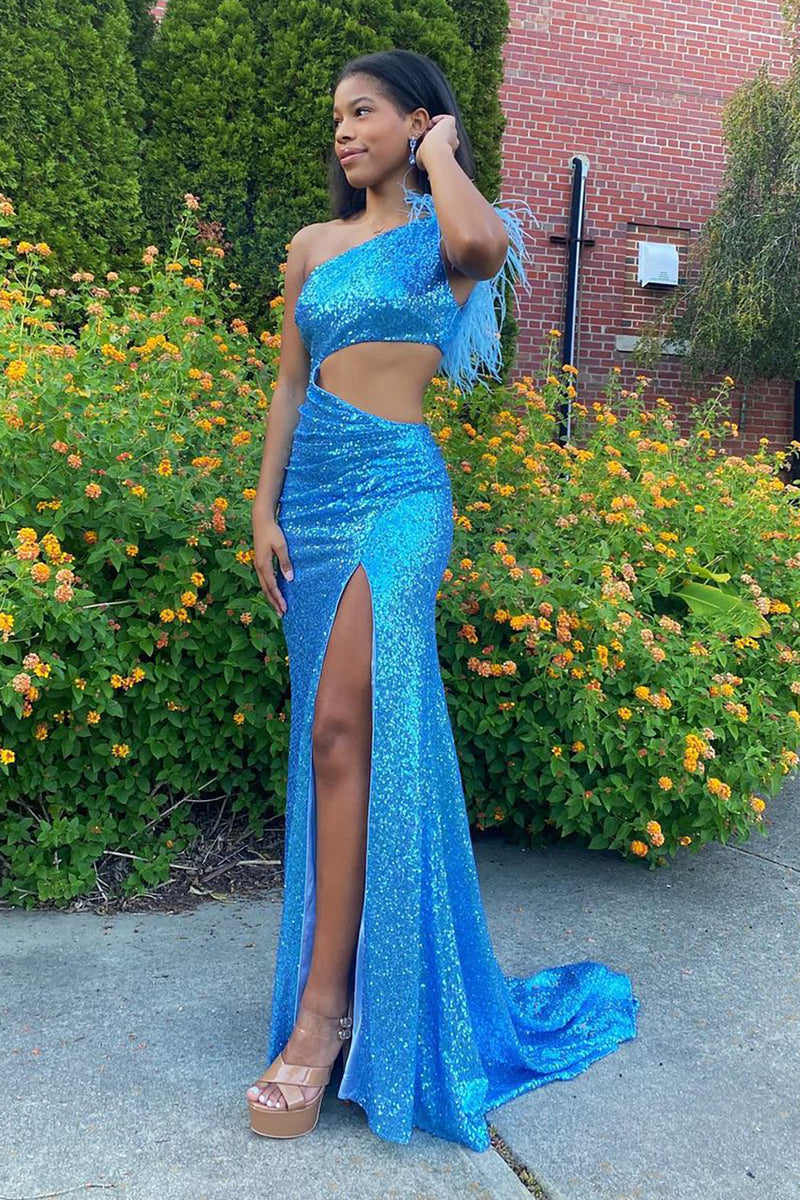 Load image into Gallery viewer, Sparkly Blue Feathered One Shoulder Cut-Out Mermaid Long Prom Dress with Slit