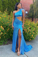 Load image into Gallery viewer, Sparkly Blue Feathered One Shoulder Cut-Out Mermaid Long Prom Dress with Slit