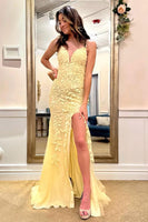 Load image into Gallery viewer, Yellow Floral Deep V Mermaid Long Prom Dress with Slit