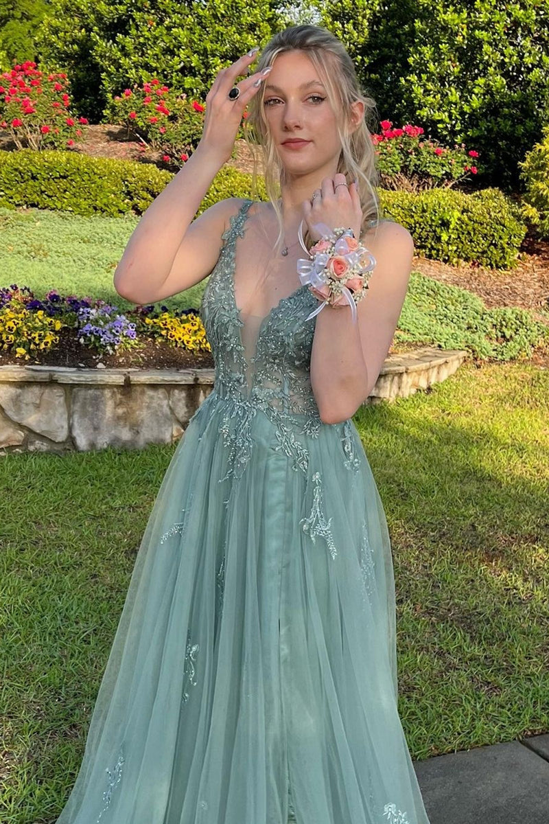 Queendancer Women Sparkly Sage Floral Long Prom Dress Deep V Neck A-line Evening Dress queendanceruk Queendancer Women Sparkly Sage Floral Long Prom Dress Deep V Neck A-line Evening Dress queendanceruk