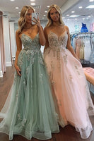 Load image into Gallery viewer, Sage Deep V Floral A-line Tulle Long Prom Dress
