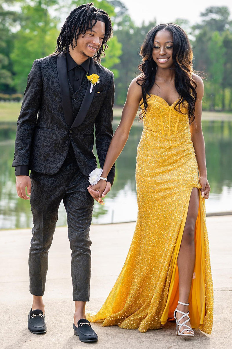 Queendancer Black Jacquard Men's Prom Suits Silm Fit Shawl Lapel