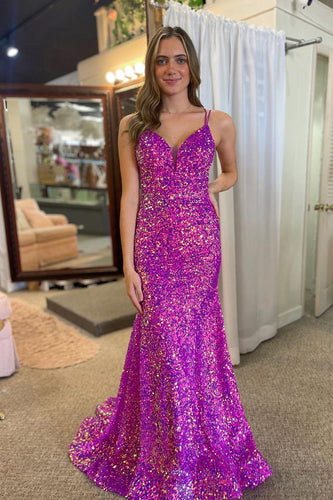 Sparkly Orchid Mermaid Lace-Up Long Prom Dress