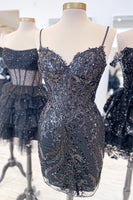 Load image into Gallery viewer, Sparkly Blue Tight Sequined Appliques Corset Short Prom Dress