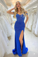 Load image into Gallery viewer, Sparkly Royal Blue Long Prom Dress With Slit