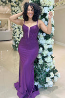 Load image into Gallery viewer, Glitter Dark Purple Mermaid Long Corset Prom Dress