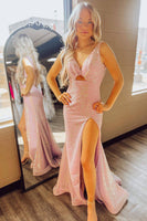 Load image into Gallery viewer, Glitter Blush V Neck Long Prom Dress With Slit