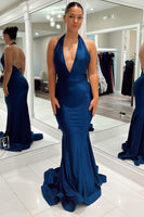 Load image into Gallery viewer, Dark Blue Mermaid Halter Long Prom Dress
