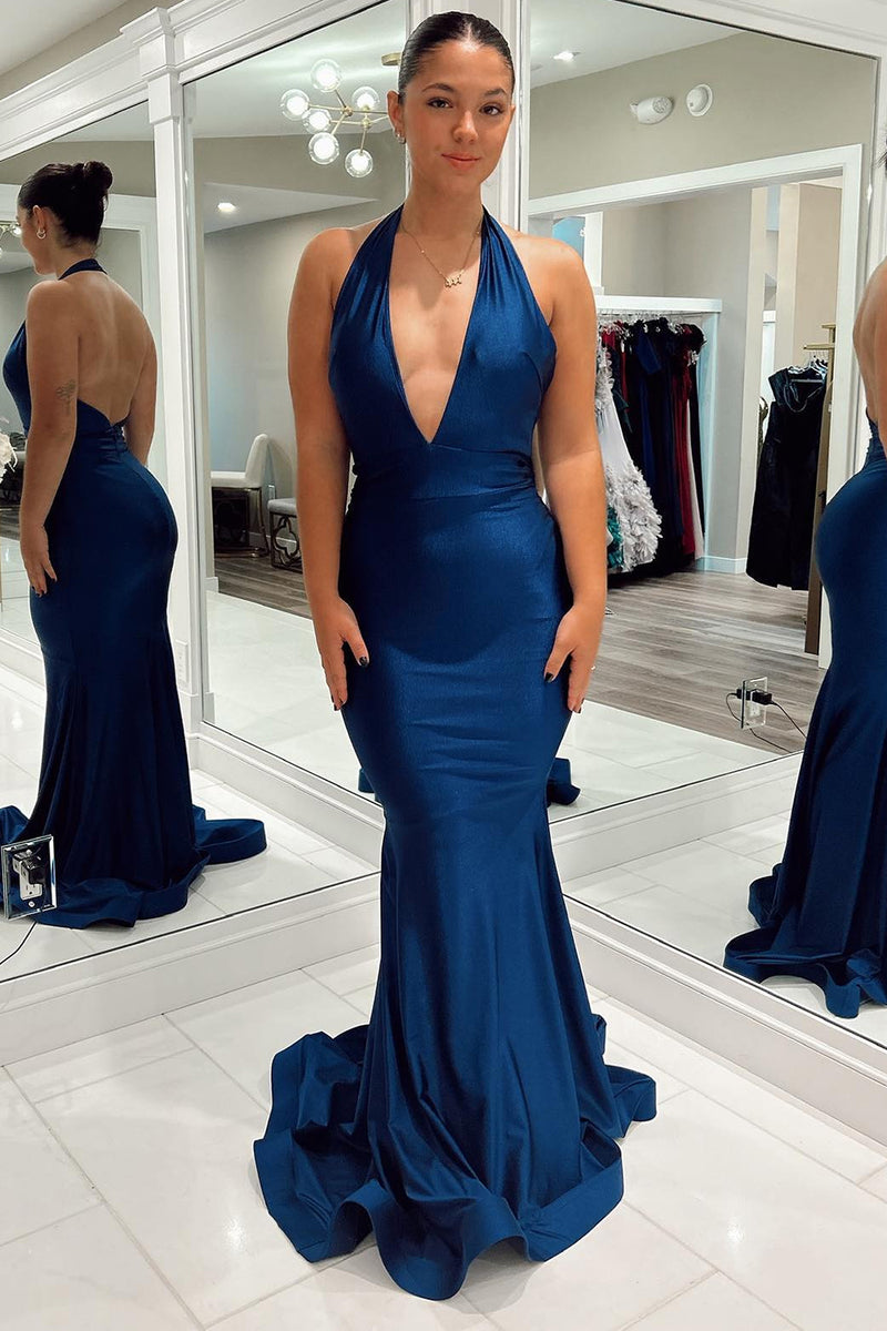 Load image into Gallery viewer, Dark Blue Mermaid Halter Long Prom Dress