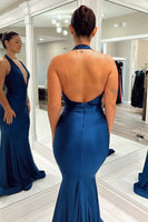 Load image into Gallery viewer, Dark Blue Mermaid Halter Long Prom Dress