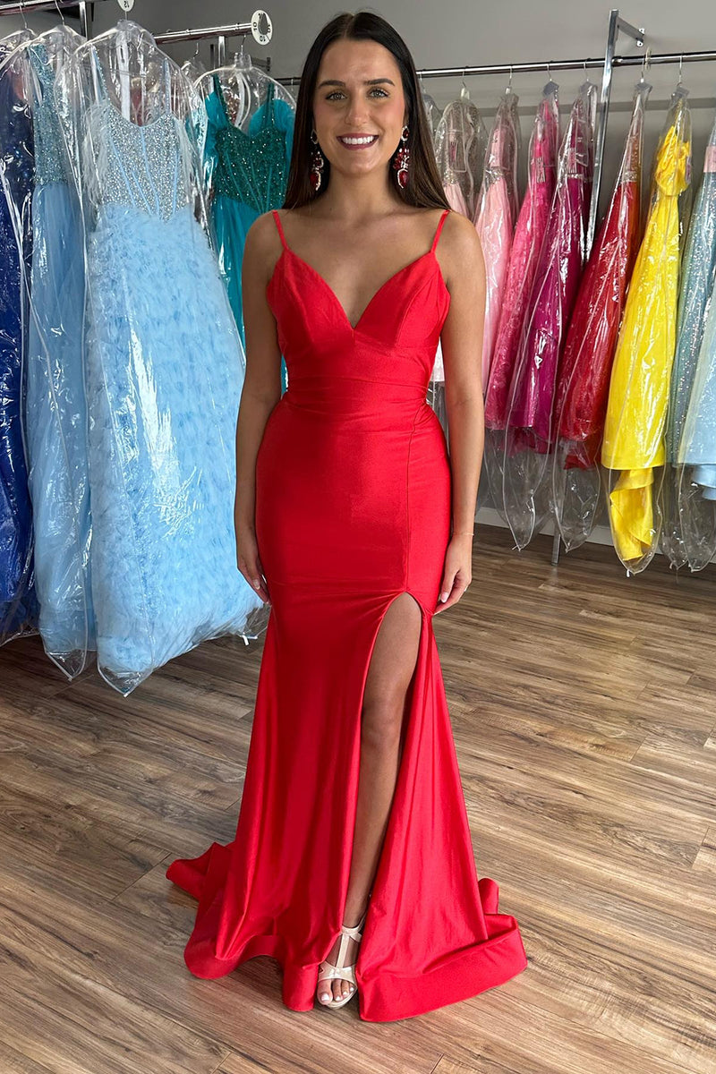 Load image into Gallery viewer, Red Mermaid Spaghetti Straps Long Prom Dress with Slit