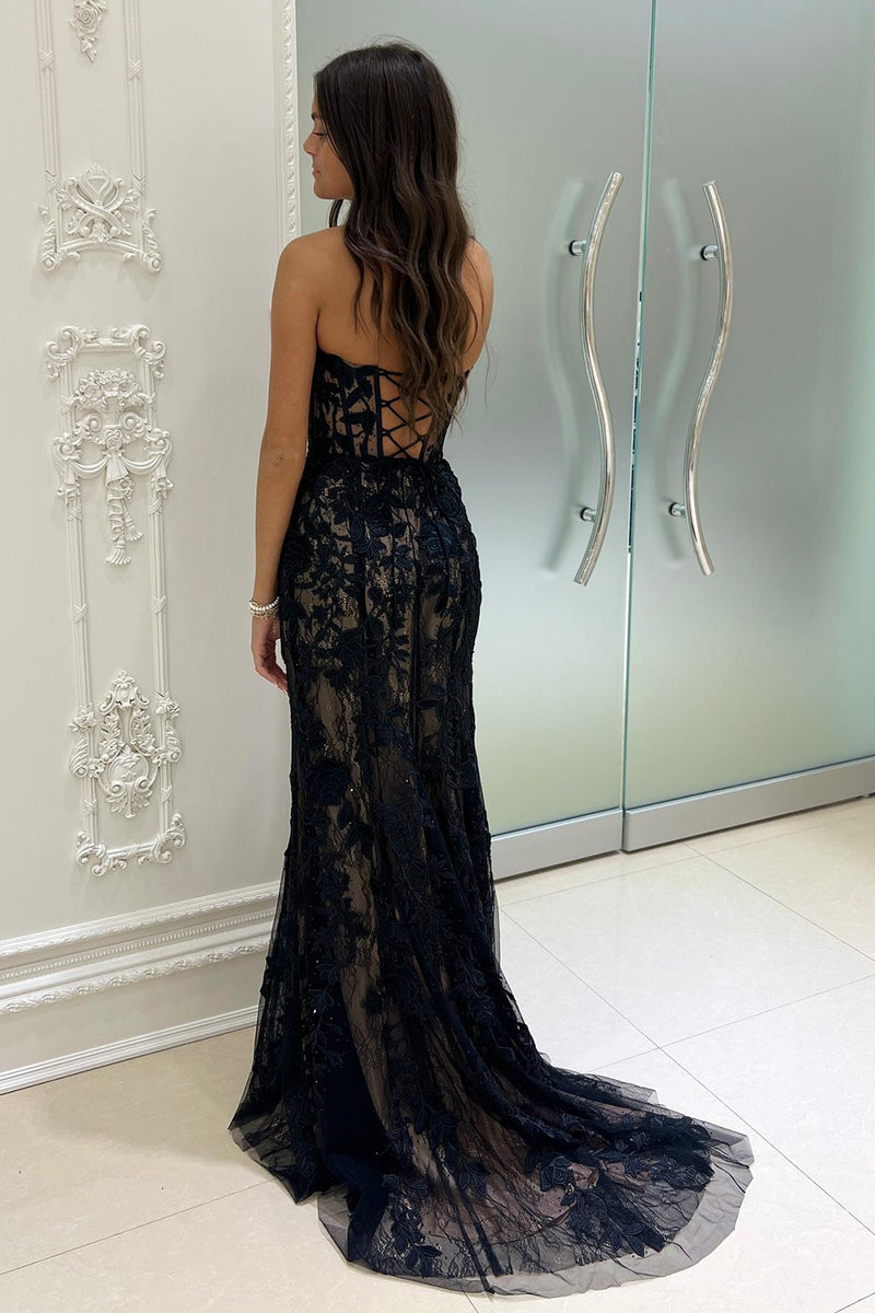 Load image into Gallery viewer, Mermaid Sweetheart Black Corset Prom Dress with Appliques