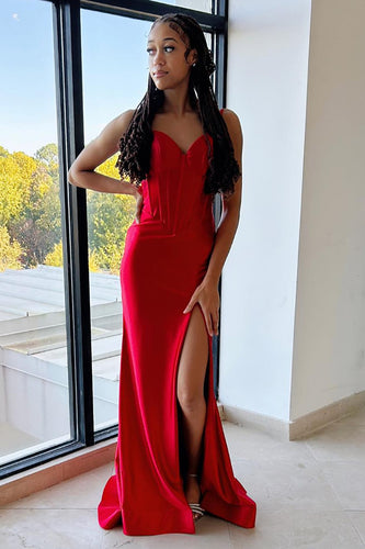 Satin Red Corset Prom Dress with Slit