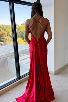 Satin Red Corset Prom Dress with Slit