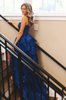 Load image into Gallery viewer, Royal Blue Sequins Tiered Prom Dress with Slit