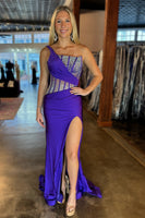 Load image into Gallery viewer, Mermaid One Shoulder Royal Blue Beaded Prom Dress with Slit