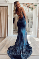Load image into Gallery viewer, Sparkly Mermaid Lace-Up Back Sequins Navy Prom Dress