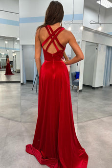 Red Sheath V Neck Long Prom Dress With Slit