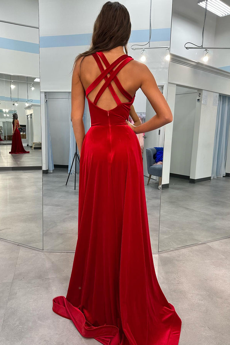 Load image into Gallery viewer, Red Sheath V Neck Long Prom Dress With Slit