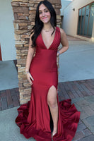Load image into Gallery viewer, Red Mermaid V-Neck Long Prom Dress With Slit
