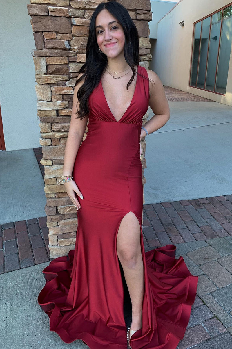 Load image into Gallery viewer, Red Mermaid V-Neck Long Prom Dress With Slit