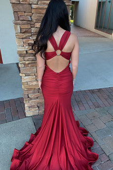 Red Mermaid V-Neck Long Prom Dress With Slit