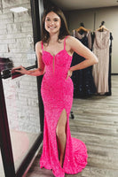 Load image into Gallery viewer, Sparkly Fuchsia Corset Sequins Long Mermaid Prom Dress with Slit