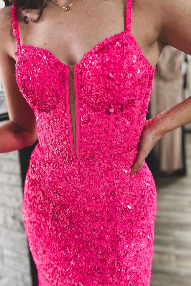Load image into Gallery viewer, Sparkly Fuchsia Corset Sequins Long Mermaid Prom Dress with Slit