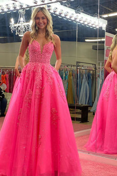 A-Line Spaghetti Straps Fuchsia Corset Prom Dress with Appliques