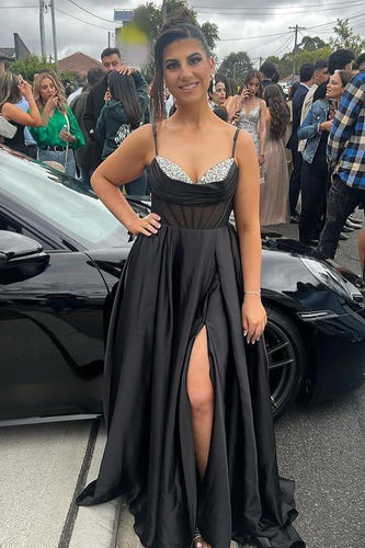 A-Line Spaghetti Straps Black Corset Prom Dress with Appliques