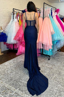 Load image into Gallery viewer, Navy Mermaid Spaghetti Straps Long Prom Dress with Ruffles