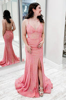 Load image into Gallery viewer, Sparkly Mermaid Coral Long Prom Dress with Slit