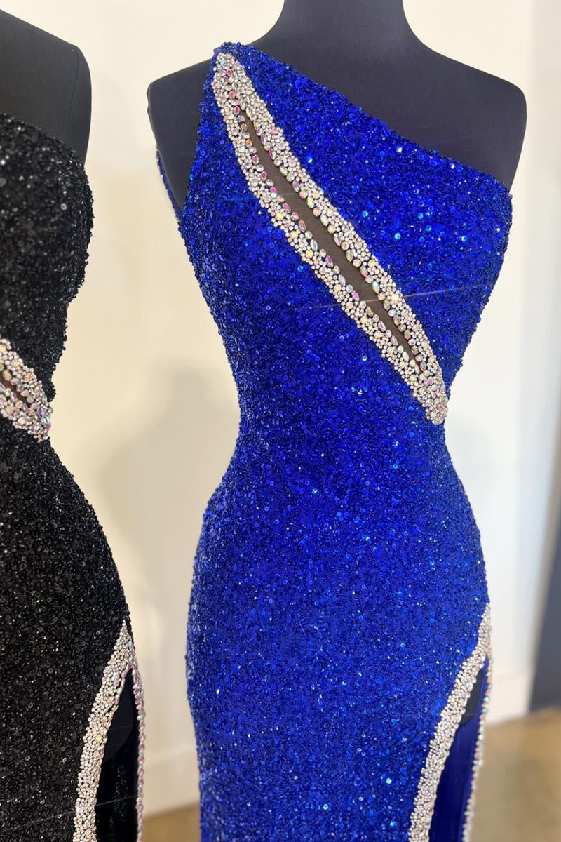 Load image into Gallery viewer, Sparkly Mermaid One Shoulder Black Long Prom Dress with Slit