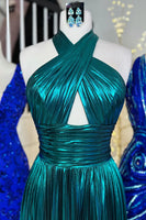 Load image into Gallery viewer, Glitter Turquoise Halter Cut Out Backless Metallic Long Prom Dress with Slit