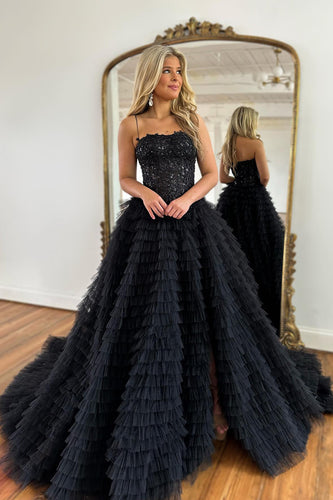 Sparkly Black Corset Spaghetti Straps Tulle A-Line Long Prom Dress with Slit