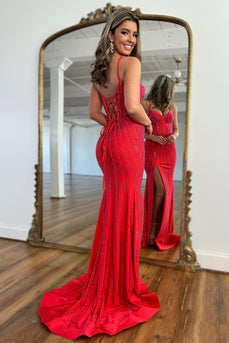 Sparkly Red Beaded Corset Long Prom Dress with Slit