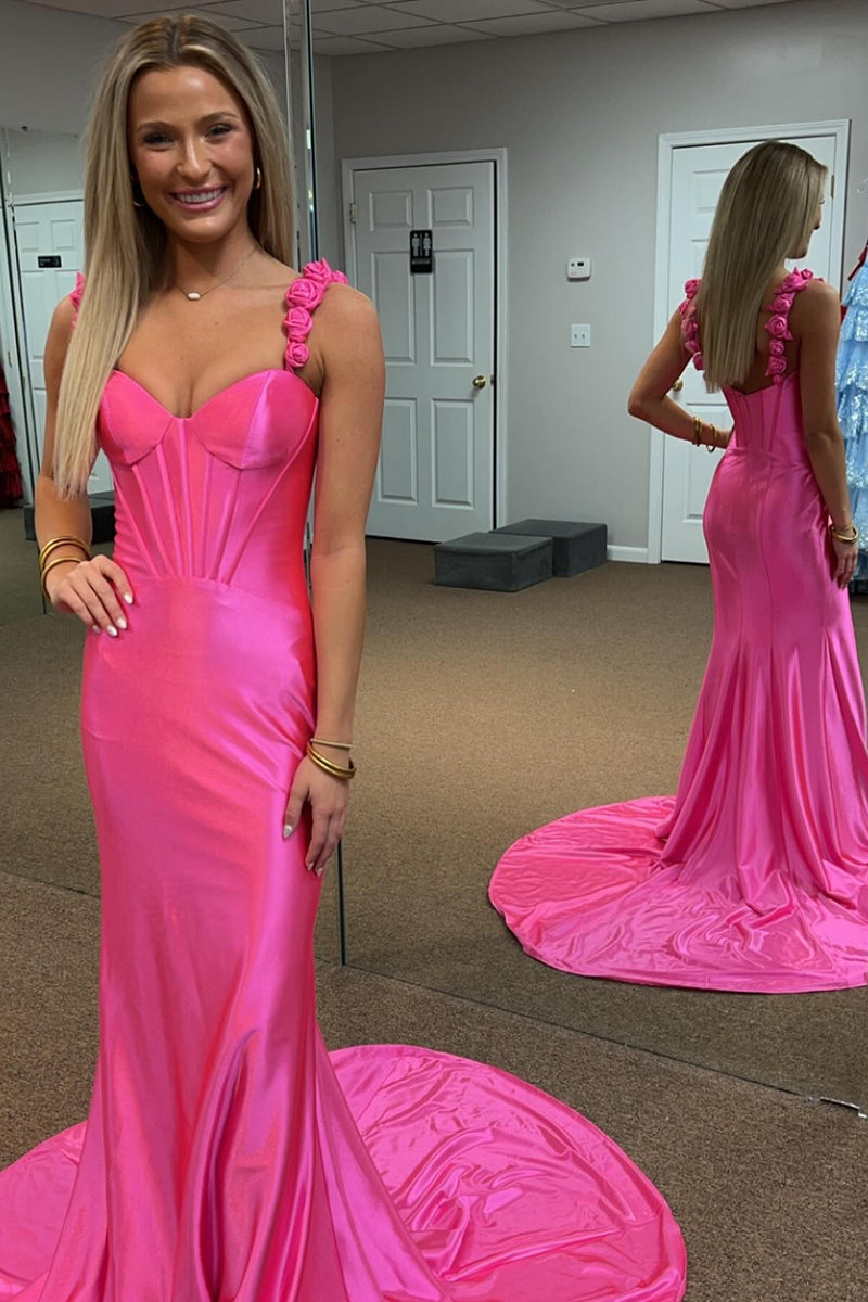 Load image into Gallery viewer, Satin Fuchsia Mermaid Long Prom Dress with Ruffles