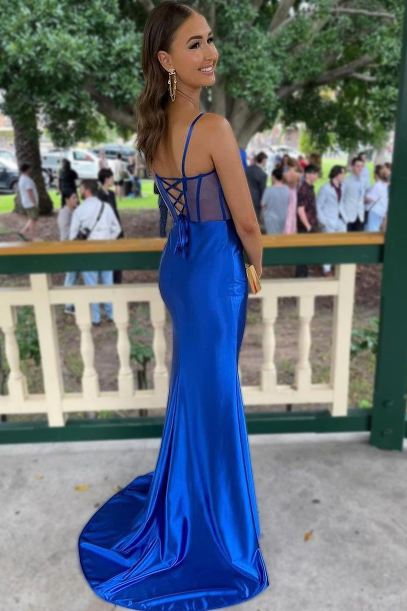Queendancer Women Royal Blue Corset Prom Dress with Slit Satin Party